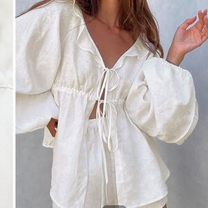 Commense White Linen Peasant Tie-Front Blouse